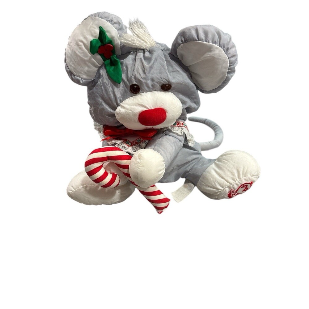 Vintage 1987 Fisher Price Puffalump Christmas Mouse Candy Cane Stuffed Plush